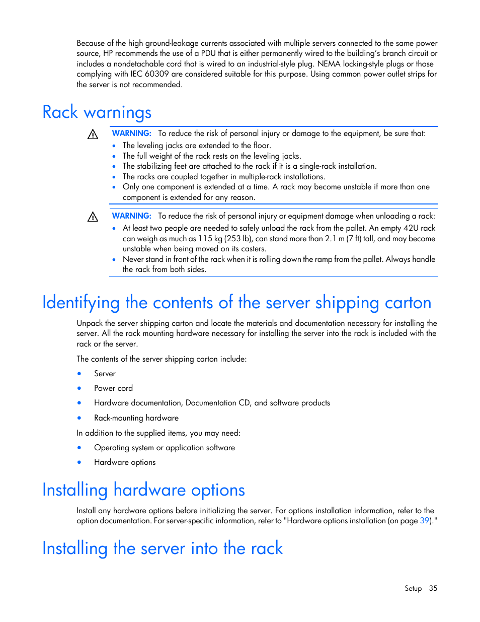 Rack warnings, Installing hardware options, Installing the server into the rack | HP ProLiant DL380 G7 Server User Manual | Page 35 / 127