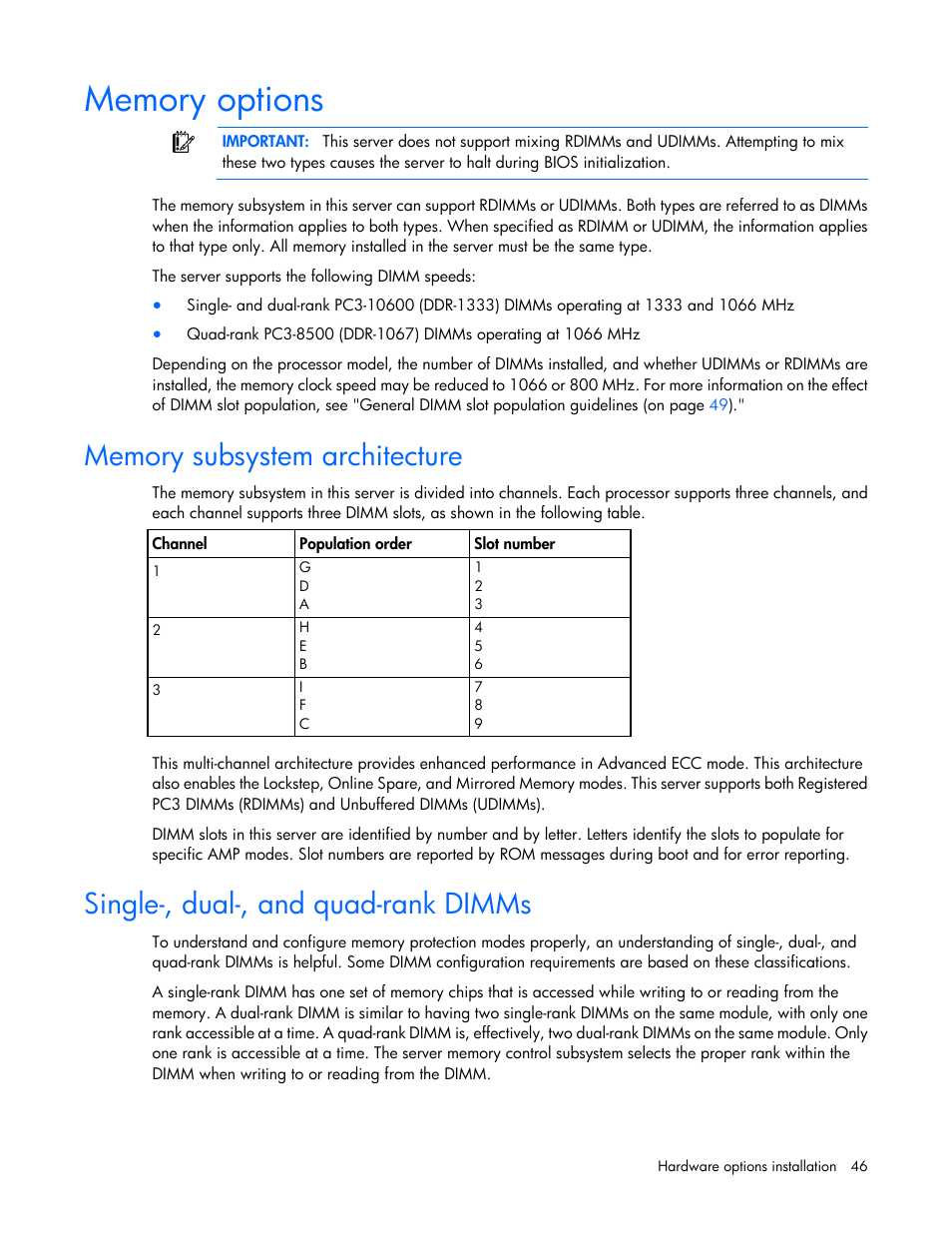 Memory options, Memory subsystem architecture, Single-, dual-, and quad-rank dimms | HP ProLiant DL380 G7 Server User Manual | Page 46 / 127