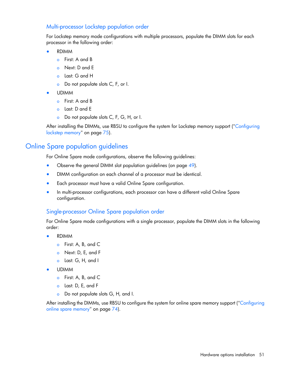 Multi-processor lockstep population order, Online spare population guidelines, Single-processor online spare population order | HP ProLiant DL380 G7 Server User Manual | Page 51 / 127