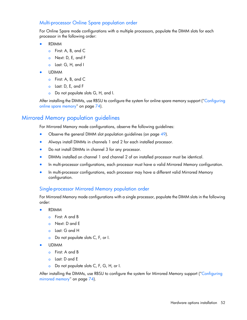 Multi-processor online spare population order, Mirrored memory population guidelines, Single-processor mirrored memory population order | HP ProLiant DL380 G7 Server User Manual | Page 52 / 127