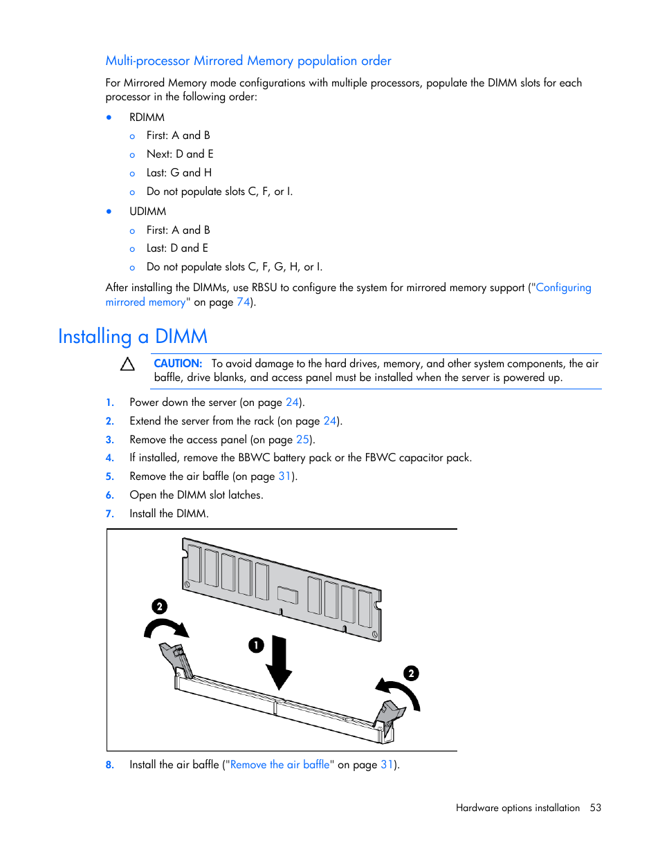 Multi-processor mirrored memory population order, Installing a dimm | HP ProLiant DL380 G7 Server User Manual | Page 53 / 127