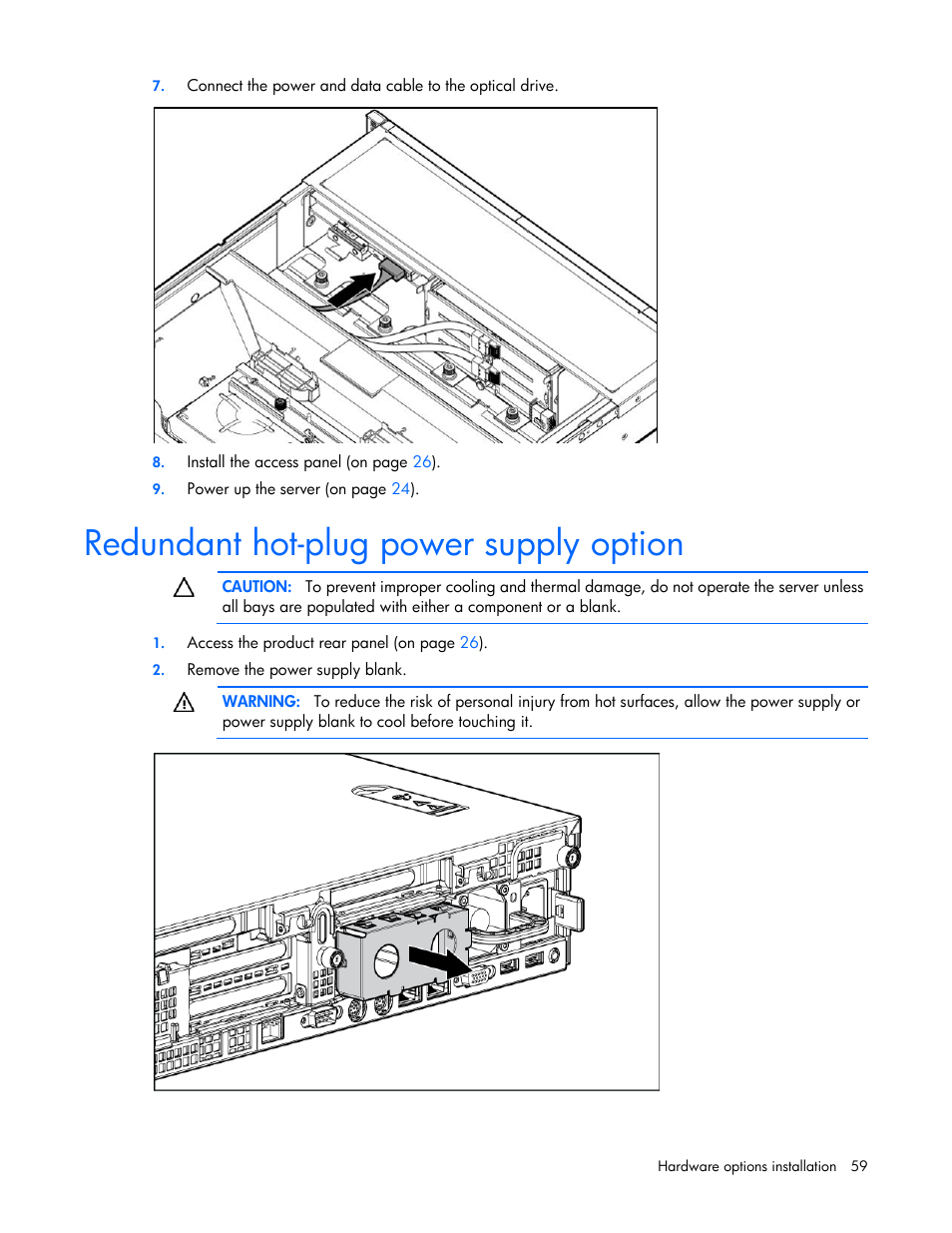 Redundant hot-plug power supply option | HP ProLiant DL380 G7 Server User Manual | Page 59 / 127