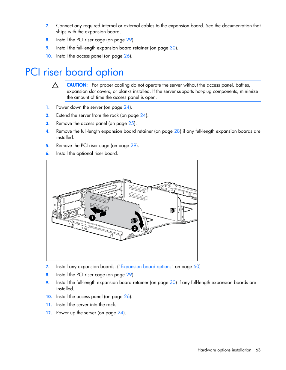 Pci riser board option | HP ProLiant DL380 G7 Server User Manual | Page 63 / 127