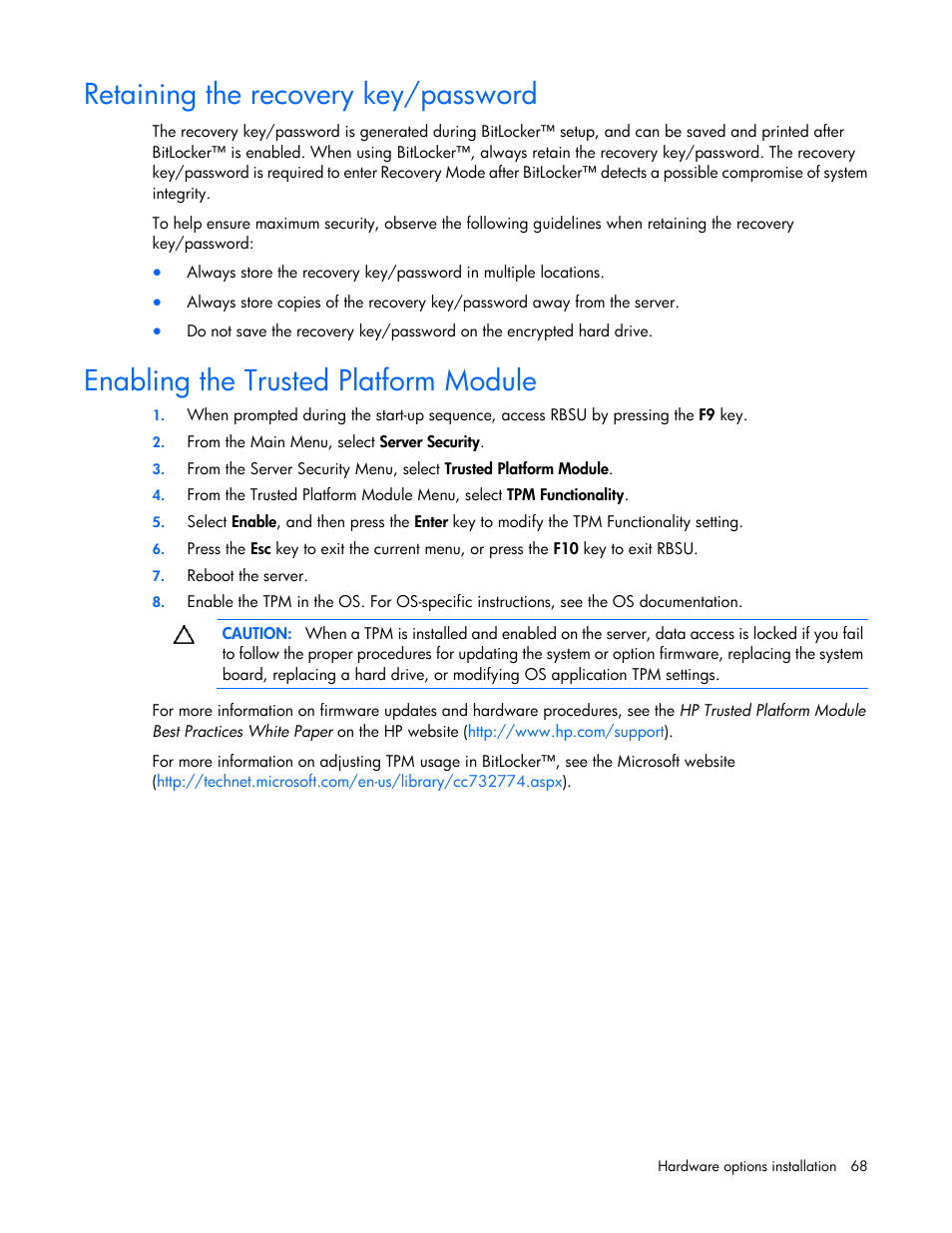 Retaining the recovery key/password, Enabling the trusted platform module | HP ProLiant DL380 G7 Server User Manual | Page 68 / 127