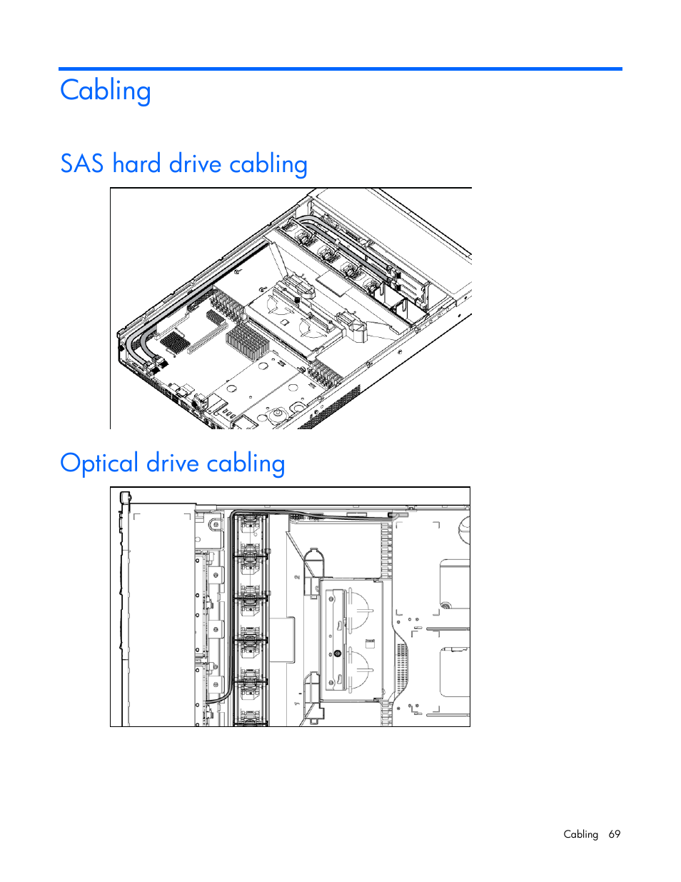 Cabling, Sas hard drive cabling, Optical drive cabling | HP ProLiant DL380 G7 Server User Manual | Page 69 / 127