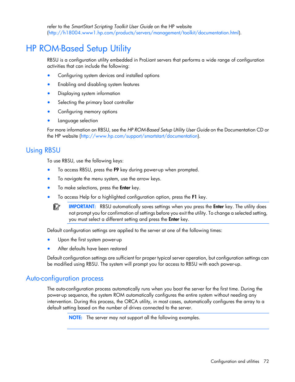 Hp rom-based setup utility, Using rbsu, Auto-configuration process | Hp rom-based setup, Utility | HP ProLiant DL380 G7 Server User Manual | Page 72 / 127