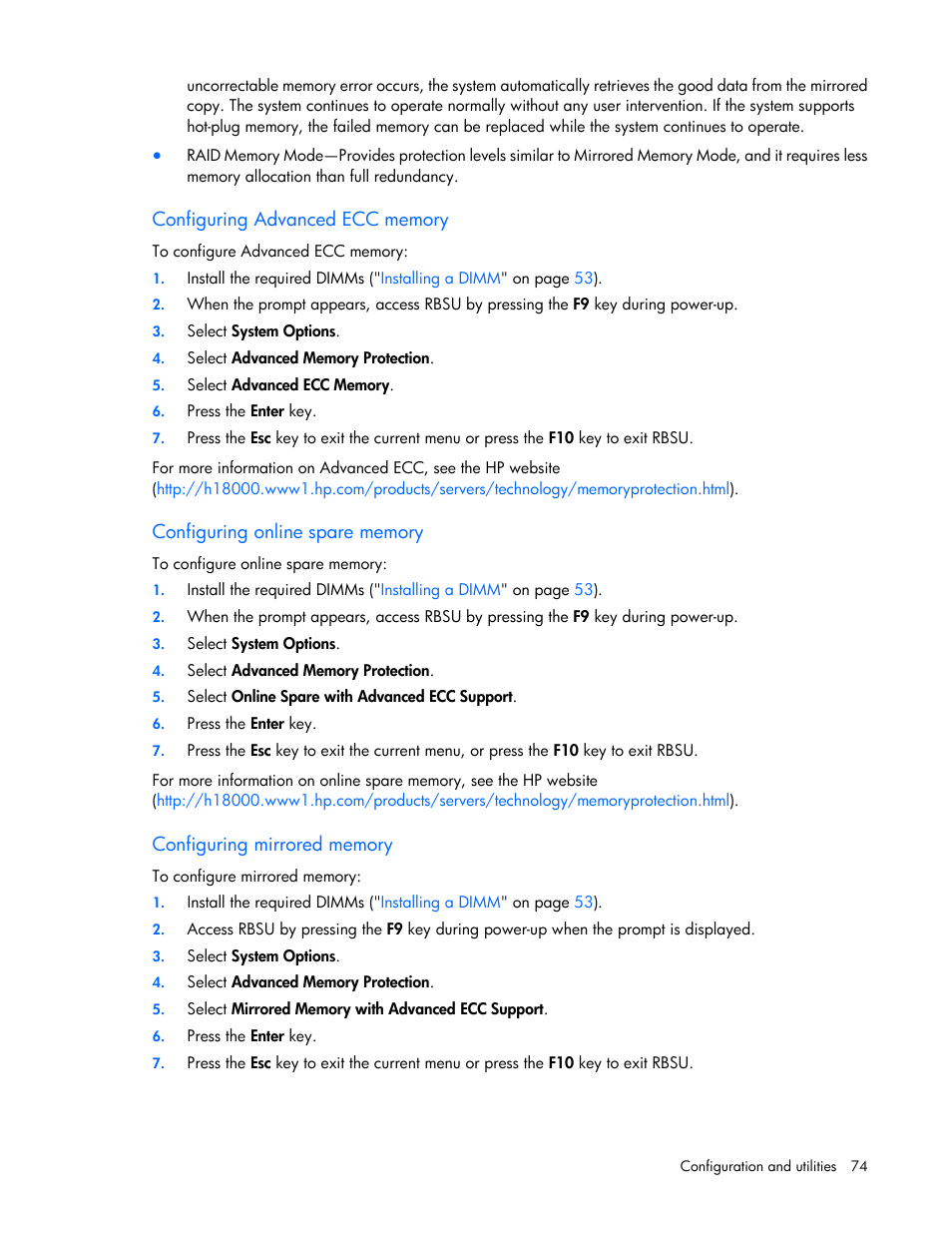 Configuring advanced ecc memory, Configuring online spare memory, Configuring mirrored memory | Configuring, Online spare memory, Mirrored memory | HP ProLiant DL380 G7 Server User Manual | Page 74 / 127