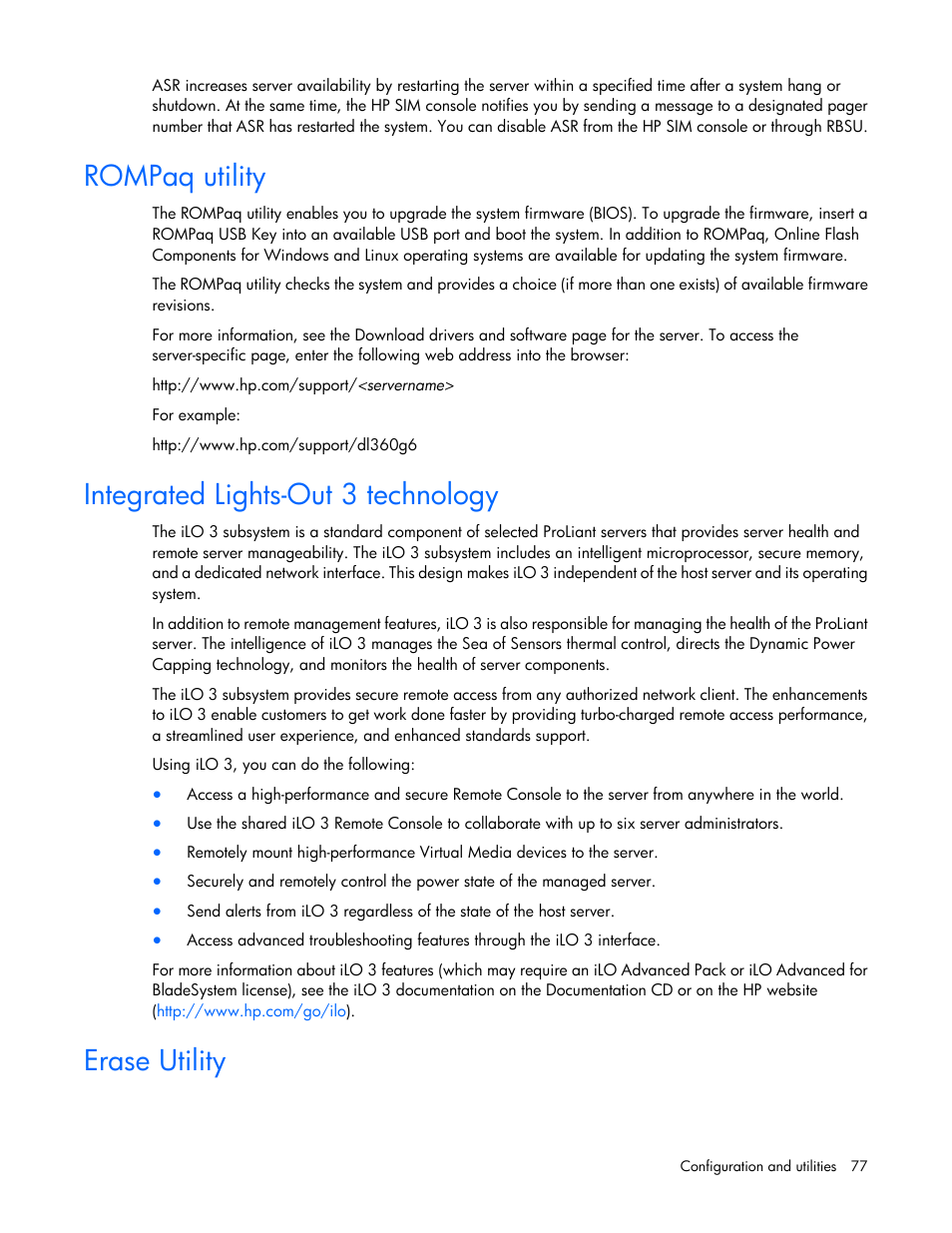 Rompaq utility, Integrated lights-out 3 technology, Erase utility | HP ProLiant DL380 G7 Server User Manual | Page 77 / 127