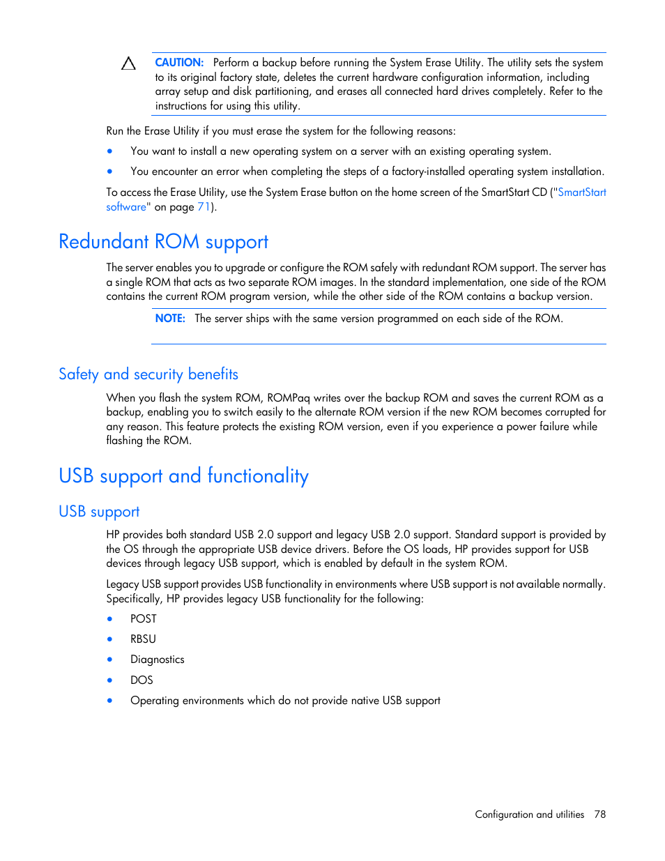 Redundant rom support, Safety and security benefits, Usb support and functionality | Usb support | HP ProLiant DL380 G7 Server User Manual | Page 78 / 127