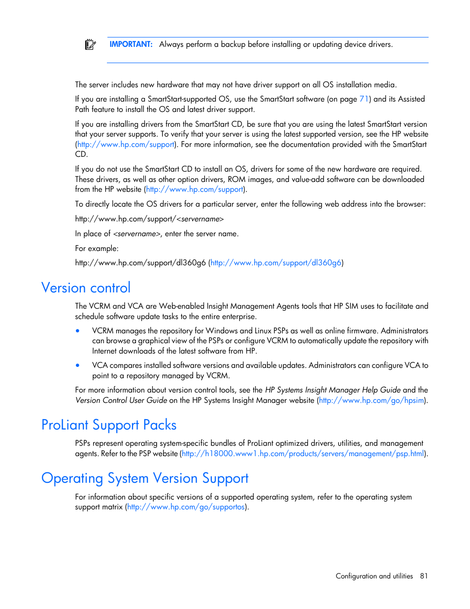 Version control, Proliant support packs, Operating system version support | HP ProLiant DL380 G7 Server User Manual | Page 81 / 127