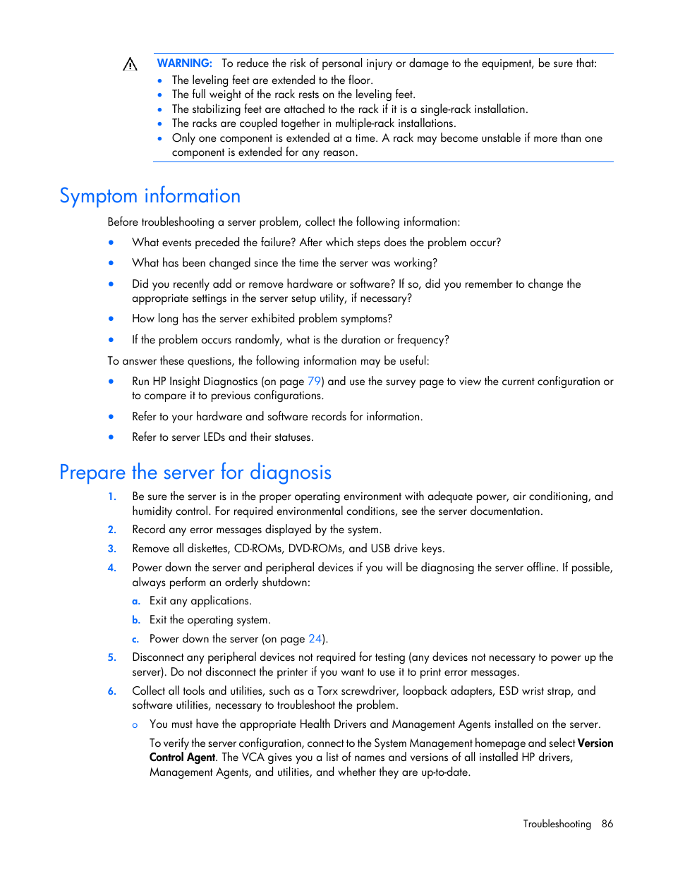Symptom information, Prepare the server for diagnosis | HP ProLiant DL380 G7 Server User Manual | Page 86 / 127
