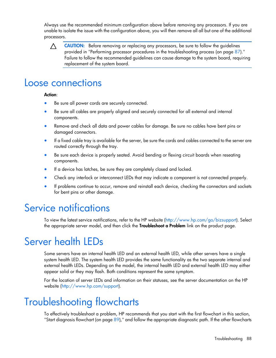 Loose connections, Service notifications, Server health leds | Troubleshooting flowcharts | HP ProLiant DL380 G7 Server User Manual | Page 88 / 127