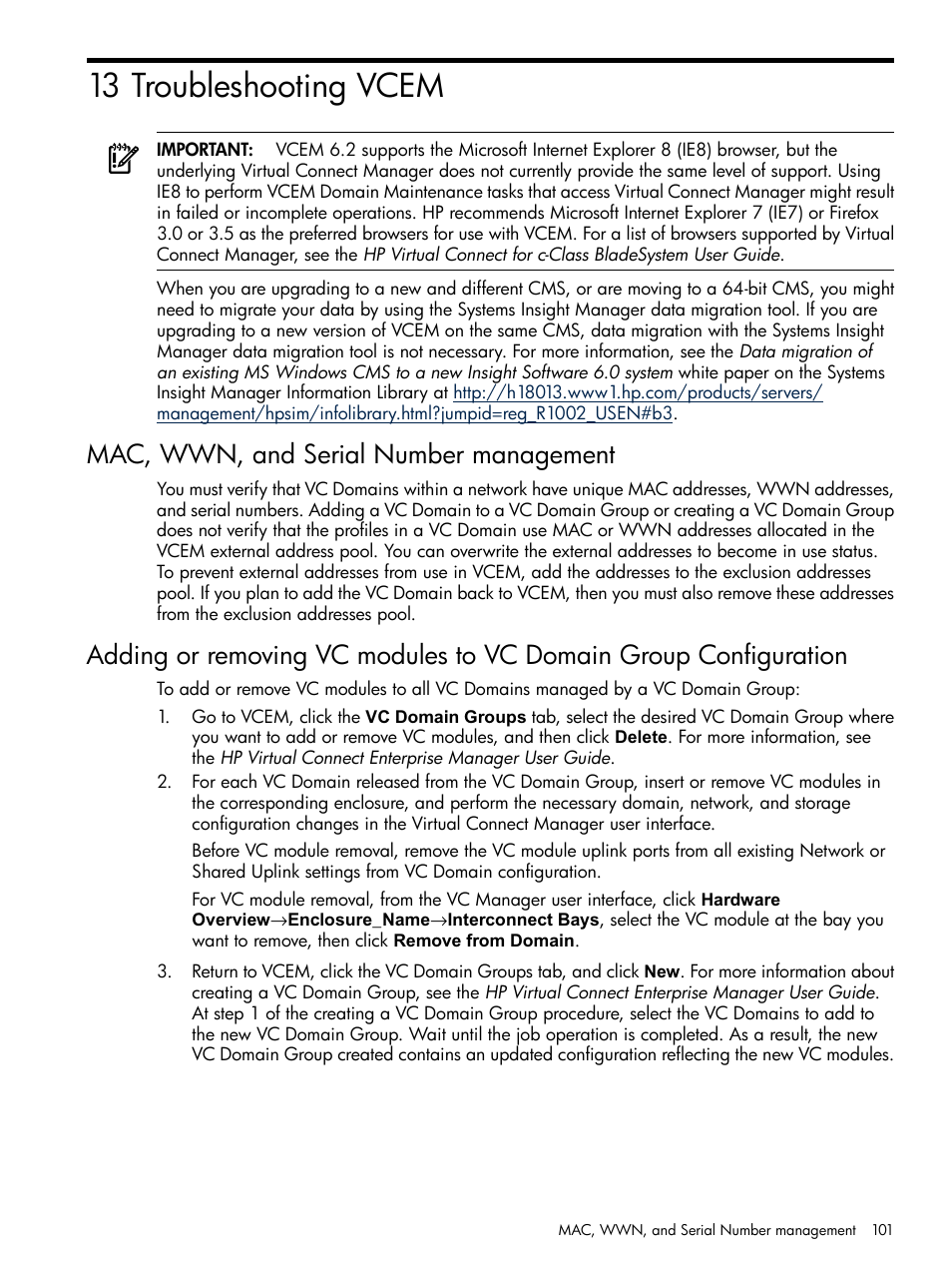 13 troubleshooting vcem, Mac, wwn, and serial number management | HP Insight Management-Software User Manual | Page 101 / 129