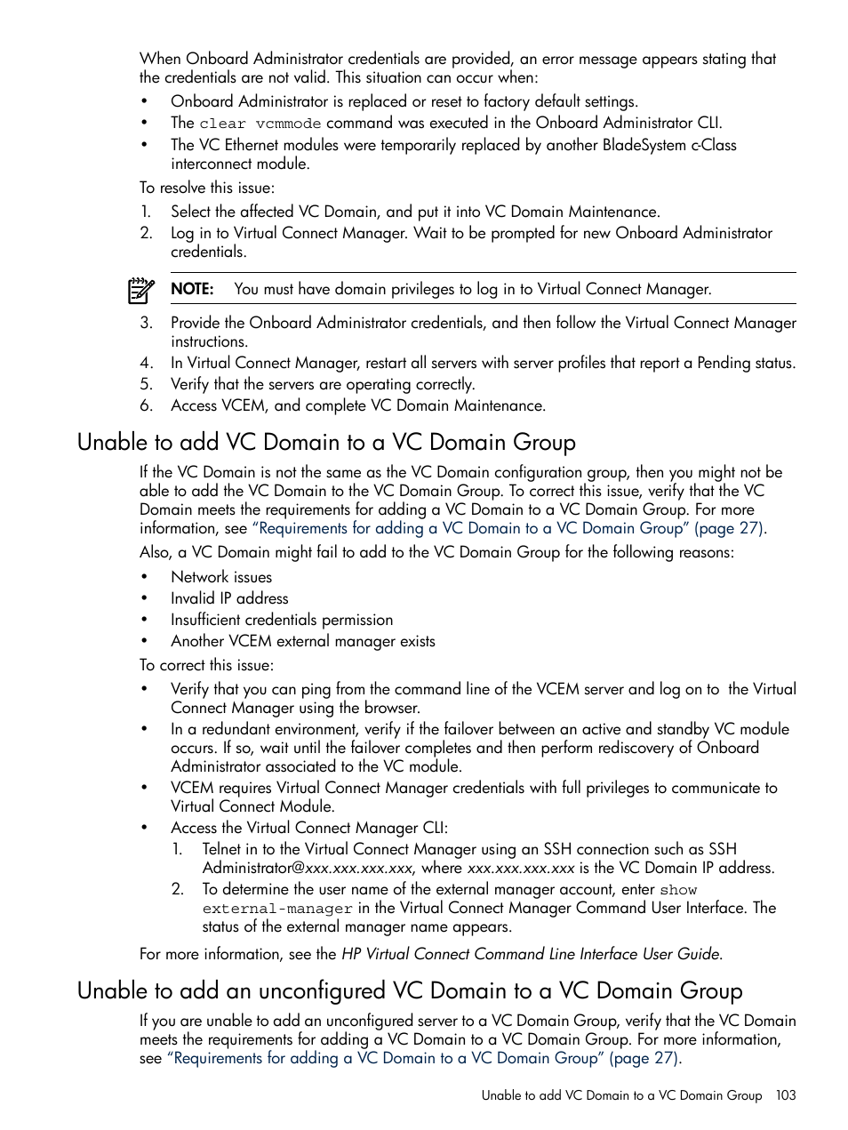 Unable to add vc domain to a vc domain group | HP Insight Management-Software User Manual | Page 103 / 129