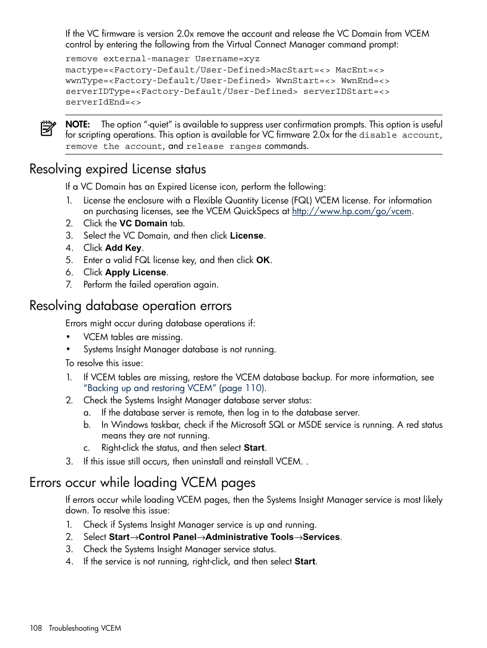 Resolving expired license status, Resolving database operation errors, Errors occur while loading vcem pages | HP Insight Management-Software User Manual | Page 108 / 129