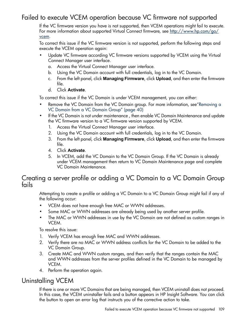 Uninstalling vcem | HP Insight Management-Software User Manual | Page 109 / 129