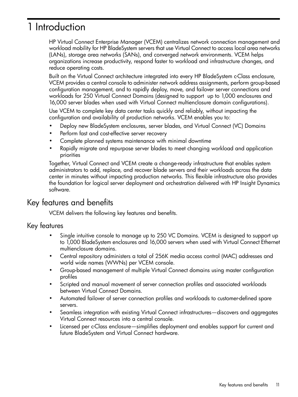 1 introduction, Key features and benefits, Key features | HP Insight Management-Software User Manual | Page 11 / 129