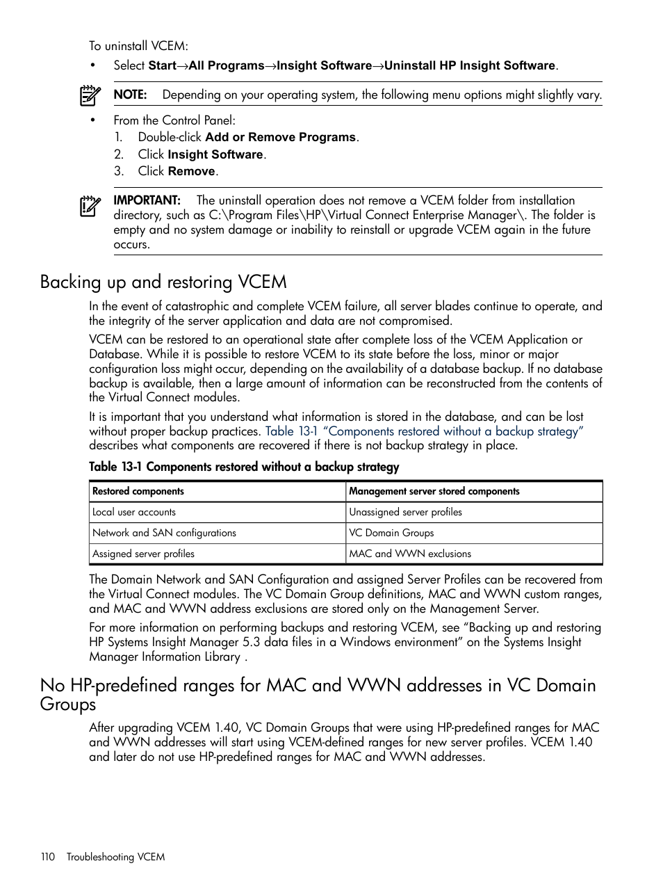 Backing up and restoring vcem, Components restored without a backup strategy | HP Insight Management-Software User Manual | Page 110 / 129