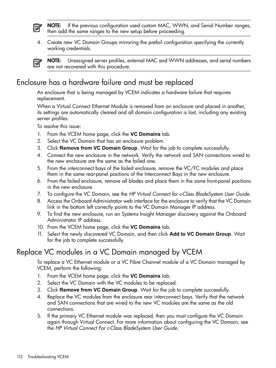 Replace vc modules in a vc domain managed by vcem | HP Insight Management-Software User Manual | Page 112 / 129