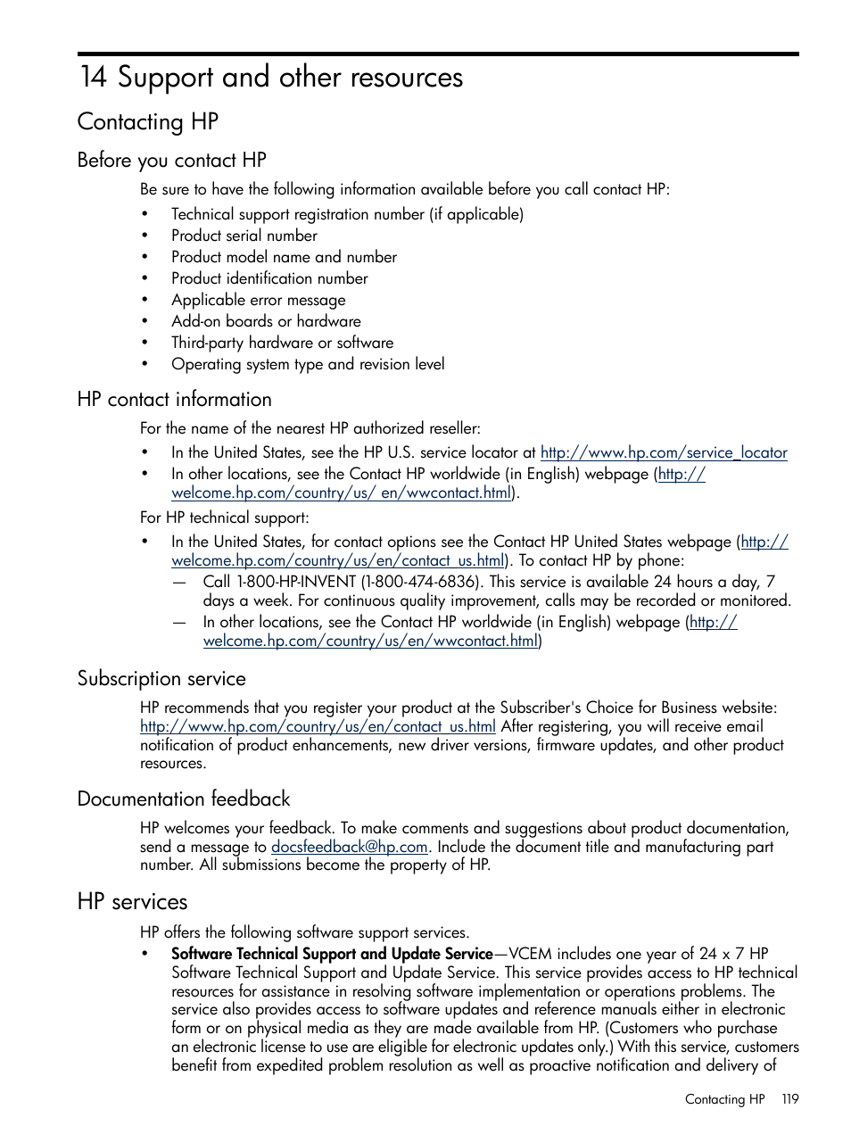 14 support and other resources, Contacting hp, Before you contact hp | Hp contact information, Subscription service, Documentation feedback, Hp services | HP Insight Management-Software User Manual | Page 119 / 129