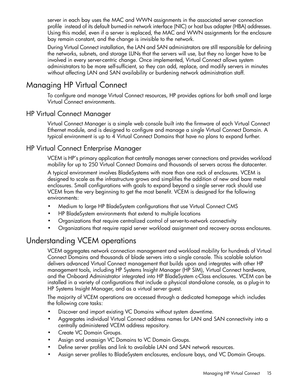 Managing hp virtual connect, Hp virtual connect manager, Hp virtual connect enterprise manager | Understanding vcem operations | HP Insight Management-Software User Manual | Page 15 / 129