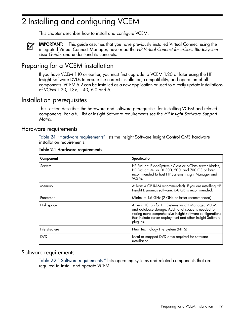 2 installing and configuring vcem, Preparing for a vcem installation, Installation prerequisites | Hardware requirements, Software requirements, Hardware requirements software requirements | HP Insight Management-Software User Manual | Page 19 / 129