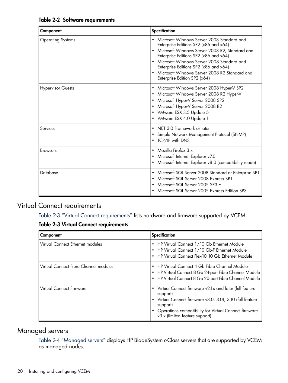 Virtual connect requirements, Managed servers, Virtual connect requirements managed servers | Software requirements | HP Insight Management-Software User Manual | Page 20 / 129