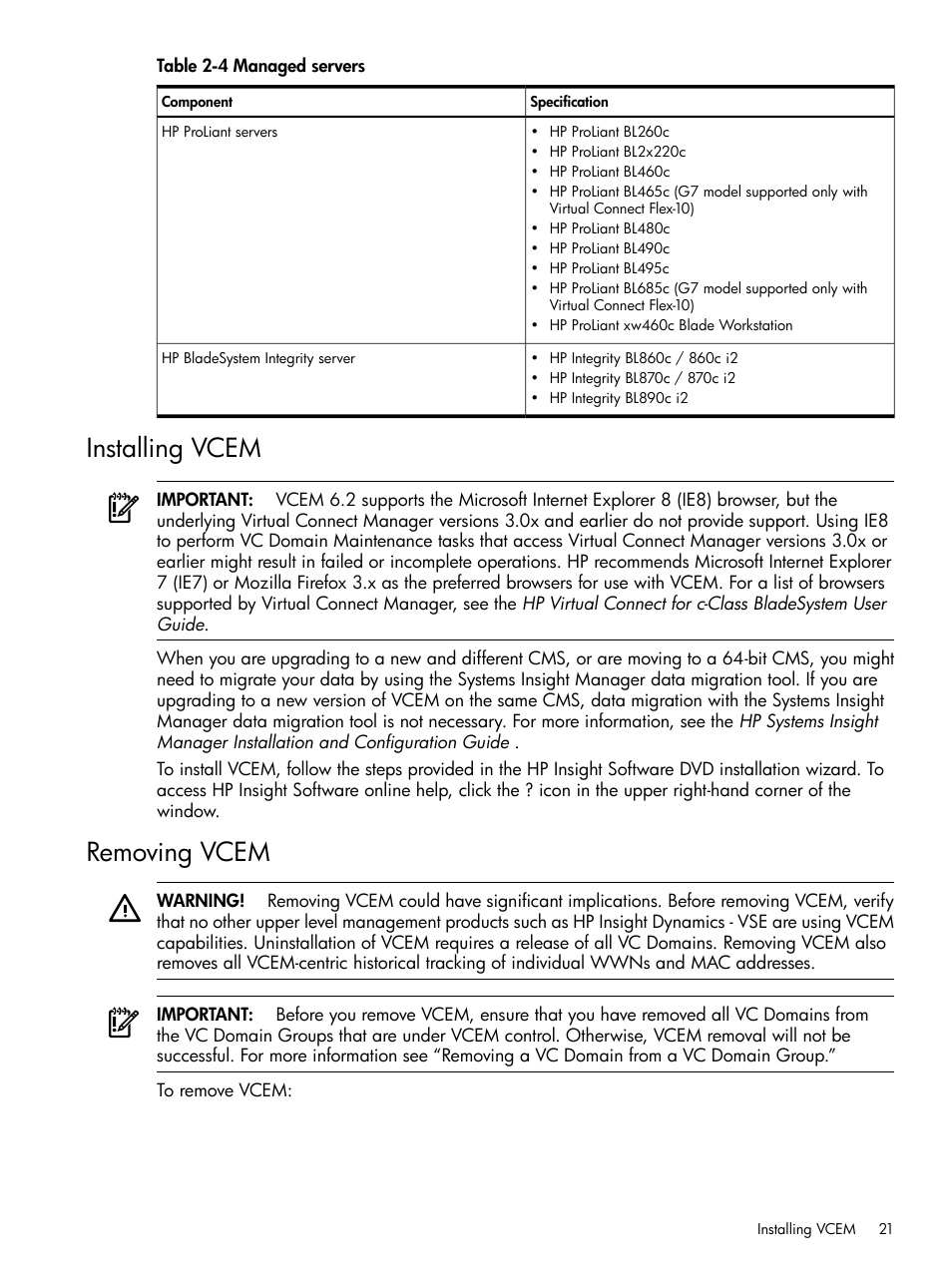 Installing vcem, Removing vcem, Installing vcem removing vcem | Managed servers | HP Insight Management-Software User Manual | Page 21 / 129