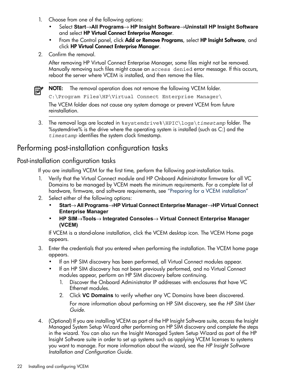 Performing post-installation configuration tasks, Post-installation configuration tasks | HP Insight Management-Software User Manual | Page 22 / 129