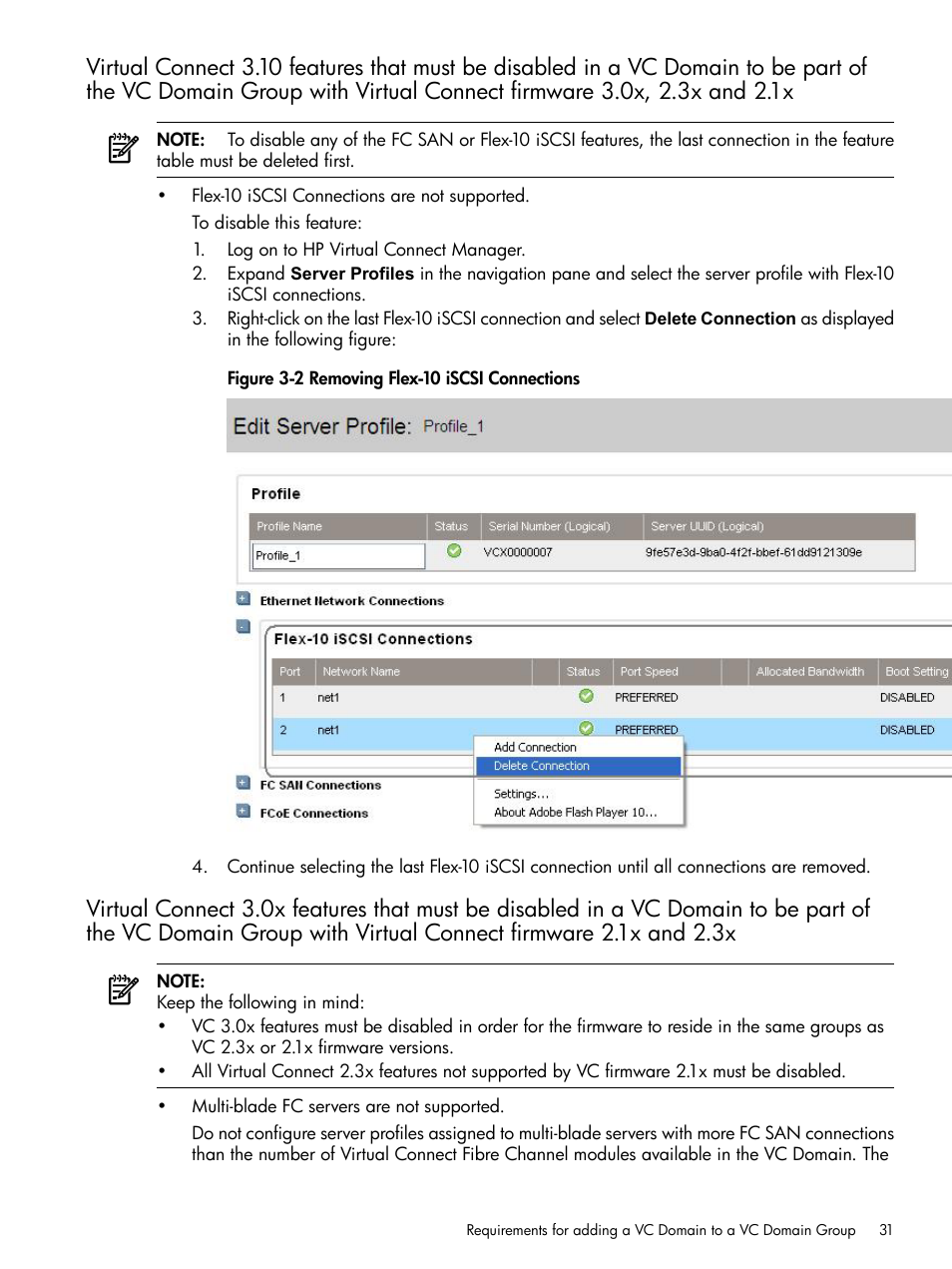 Removing flex-10 iscsi connections | HP Insight Management-Software User Manual | Page 31 / 129