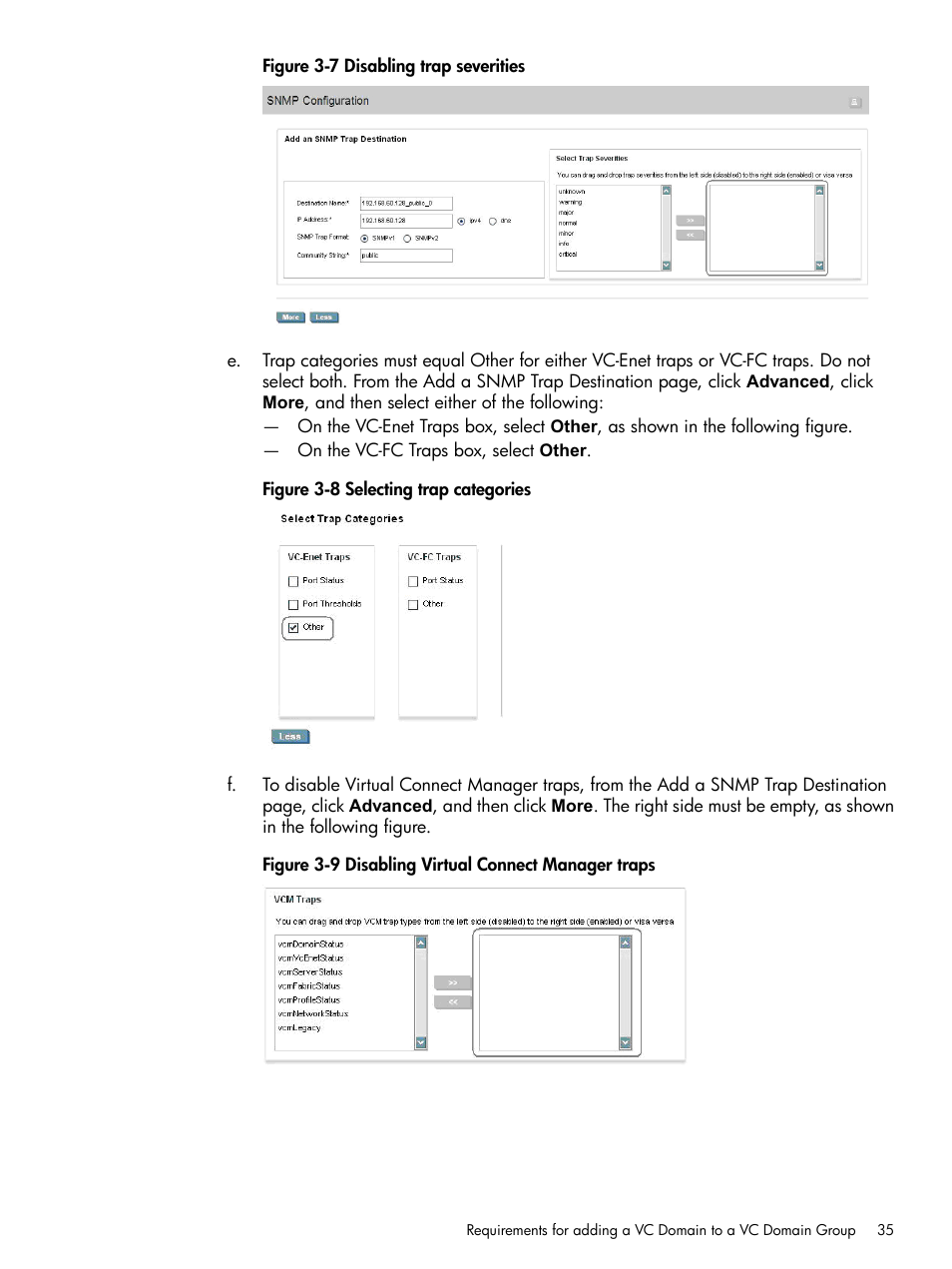 Disabling trap severities, Selecting trap categories, Disabling virtual connect manager traps | HP Insight Management-Software User Manual | Page 35 / 129