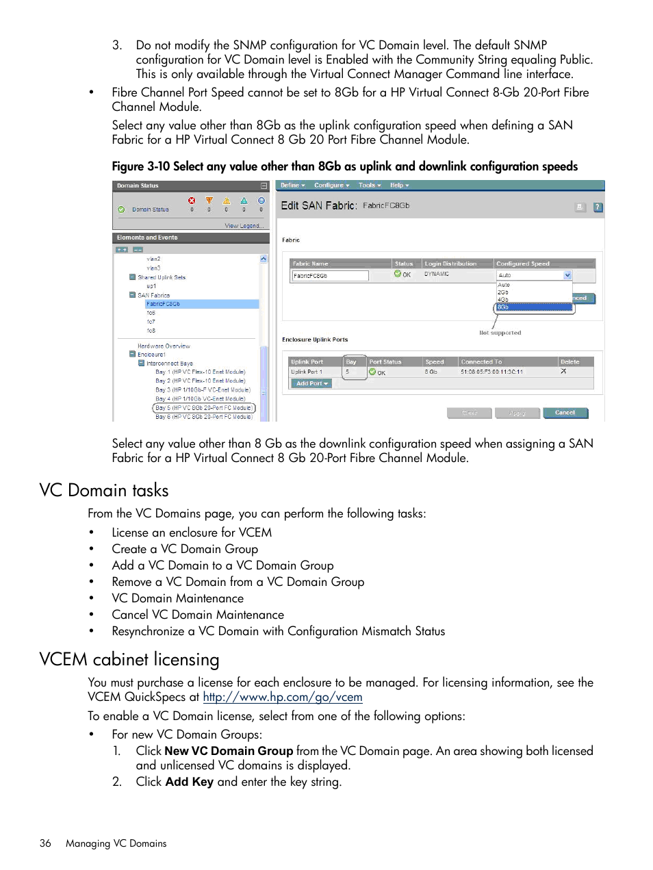 Vc domain tasks, Vcem cabinet licensing, Vc domain tasks vcem cabinet licensing | HP Insight Management-Software User Manual | Page 36 / 129