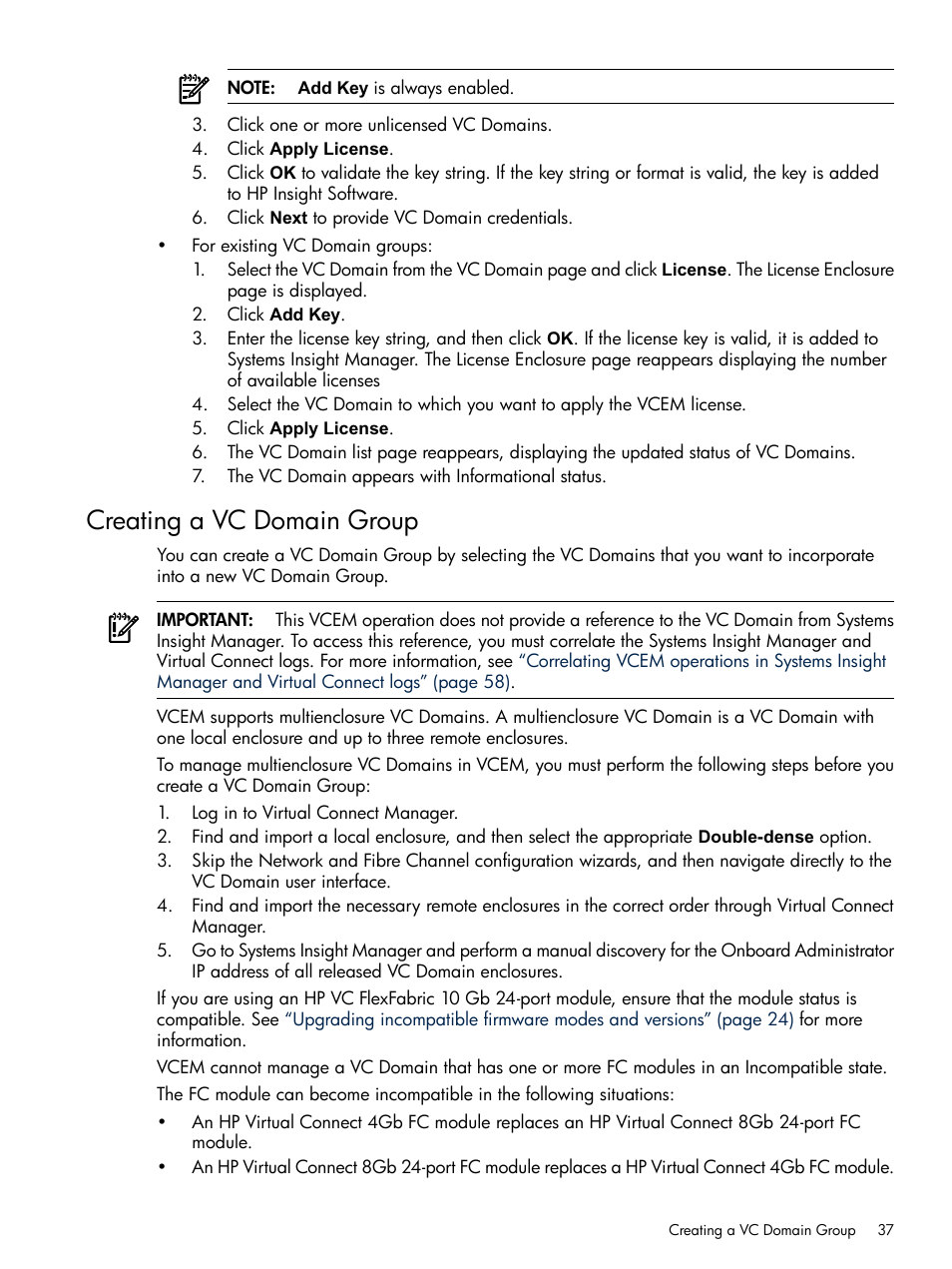 Creating a vc domain group, Creating a vc domain, Group | HP Insight Management-Software User Manual | Page 37 / 129