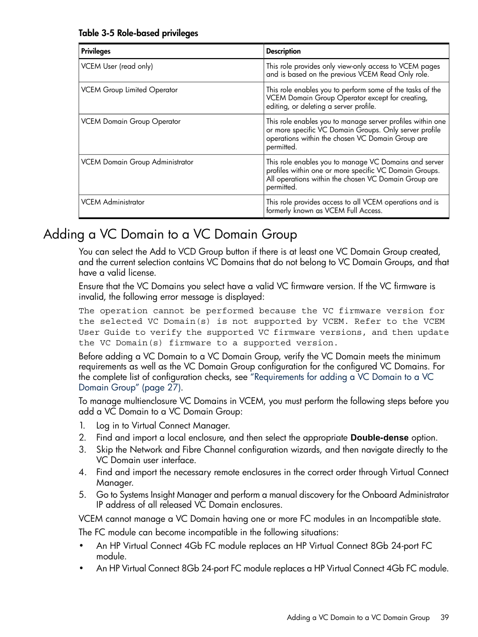 Adding a vc domain to a vc domain group, Role-based privileges | HP Insight Management-Software User Manual | Page 39 / 129