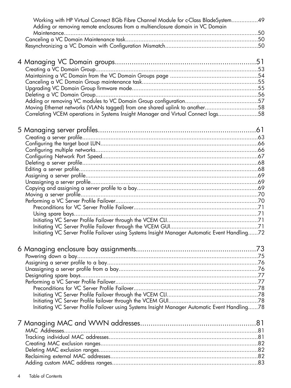 4 managing vc domain groups, 5 managing server profiles, 6 managing enclosure bay assignments | 7 managing mac and wwn addresses | HP Insight Management-Software User Manual | Page 4 / 129