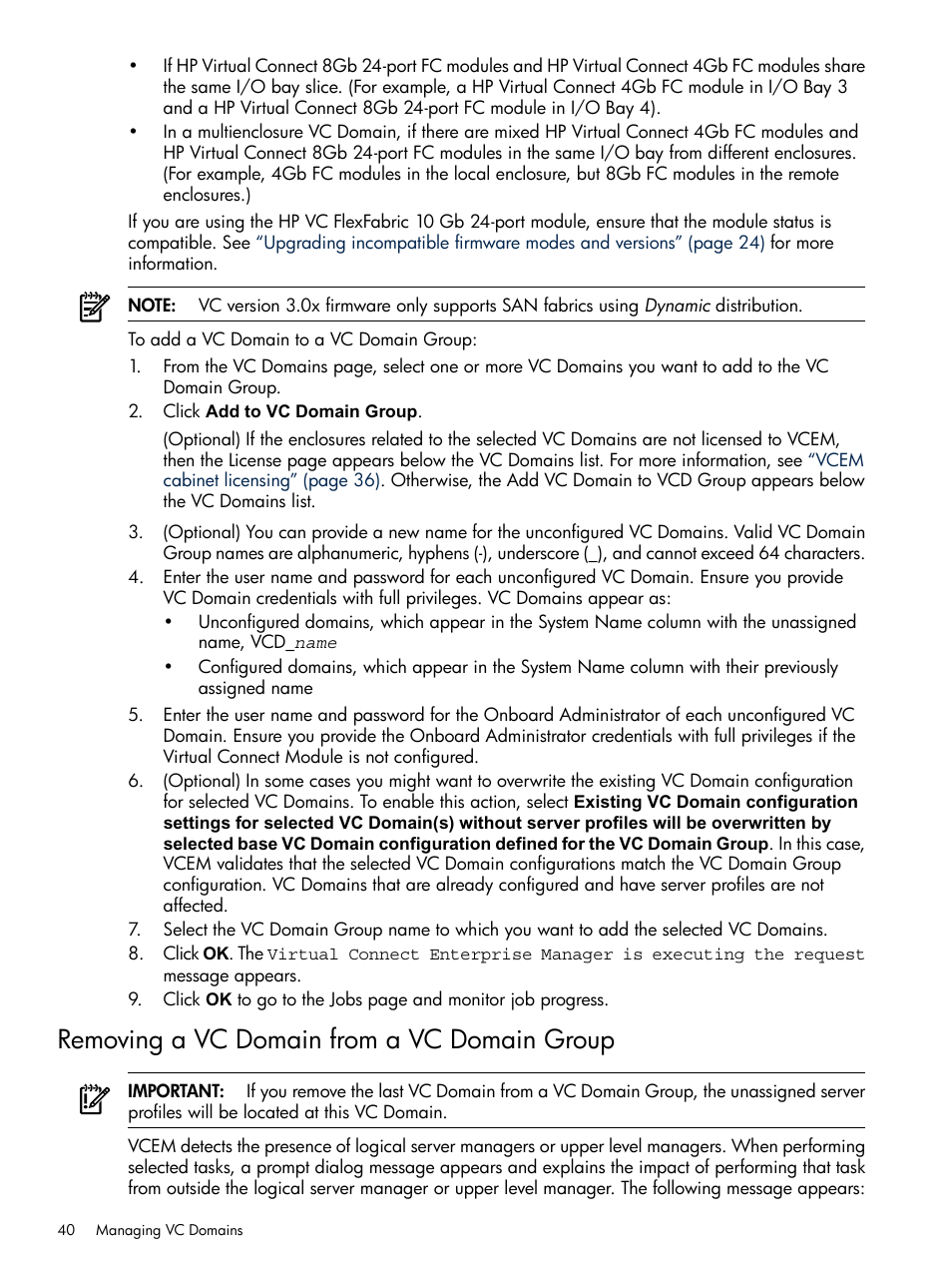 Removing a vc domain from a vc domain group | HP Insight Management-Software User Manual | Page 40 / 129