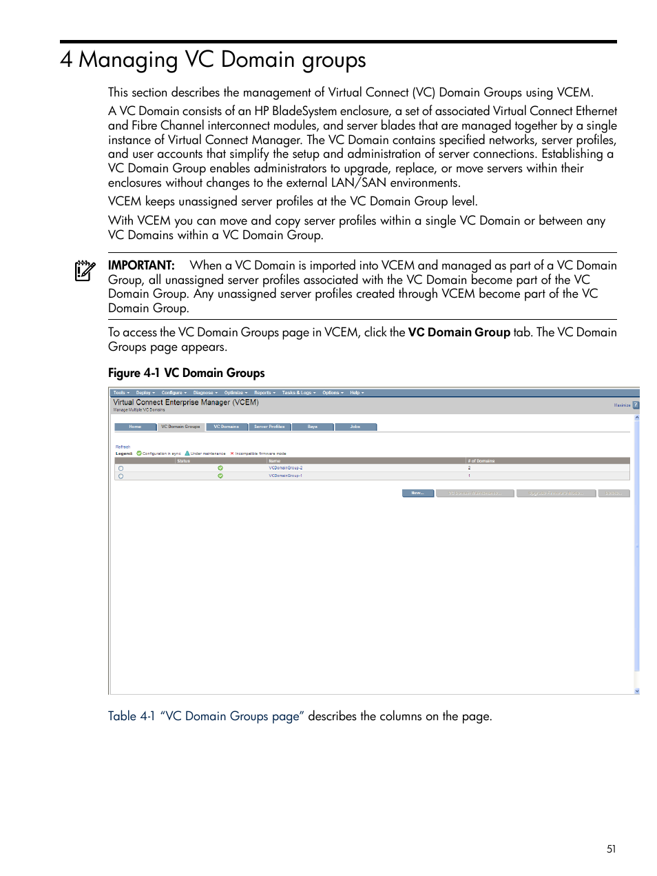 4 managing vc domain groups, Vc domain groups | HP Insight Management-Software User Manual | Page 51 / 129