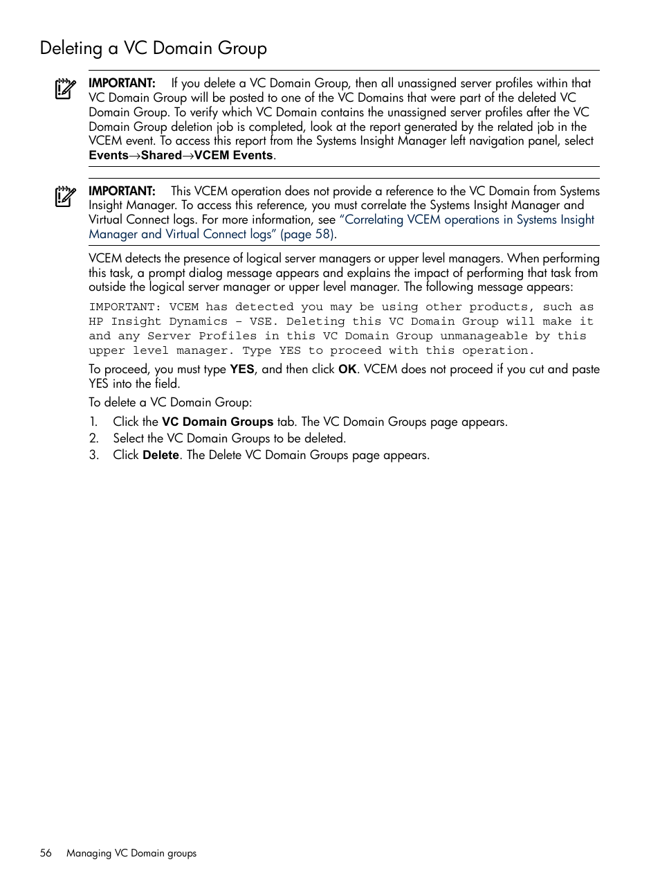 Deleting a vc domain group | HP Insight Management-Software User Manual | Page 56 / 129