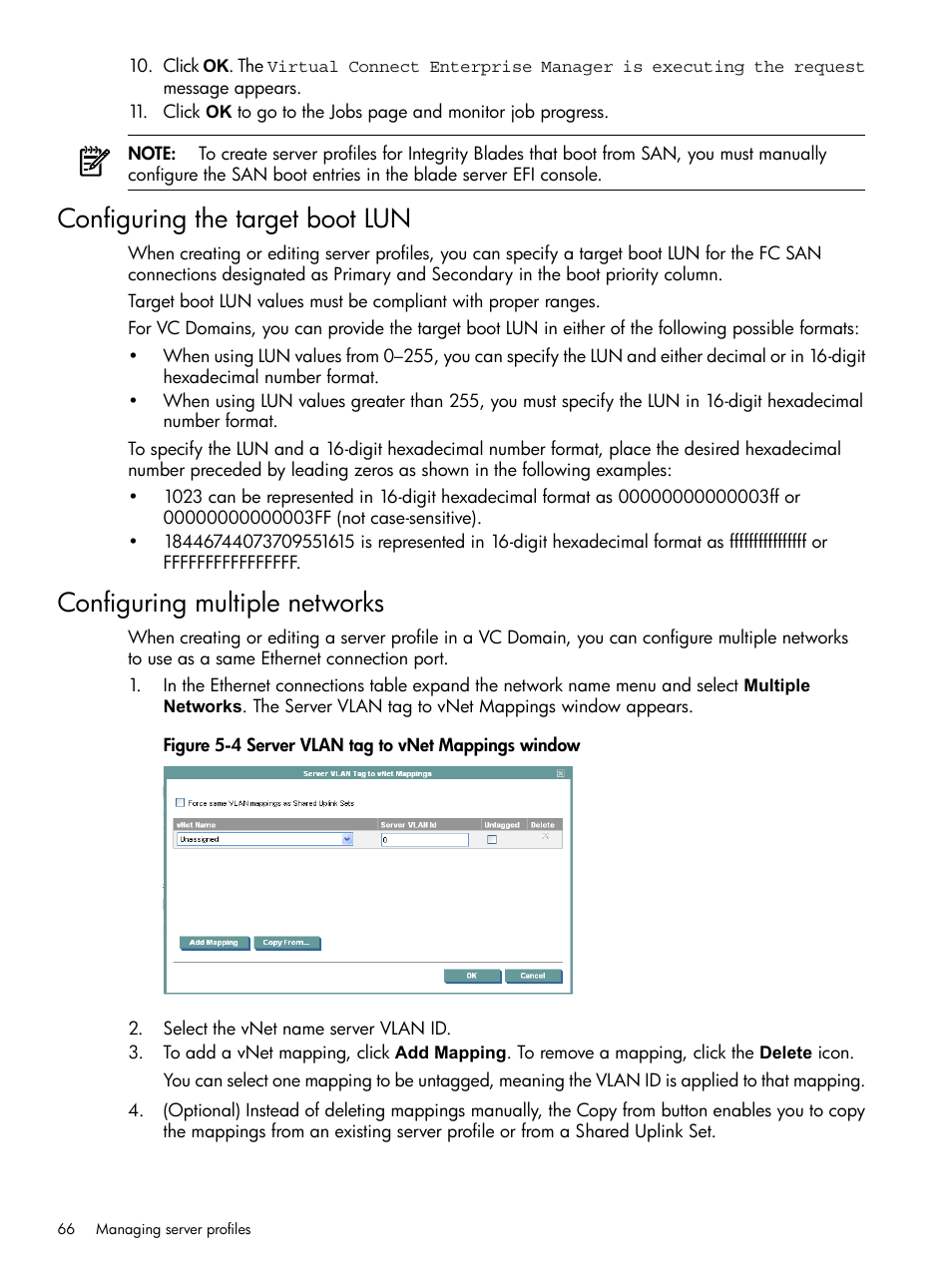 Configuring the target boot lun, Configuring multiple networks, Server vlan tag to vnet mappings window | HP Insight Management-Software User Manual | Page 66 / 129