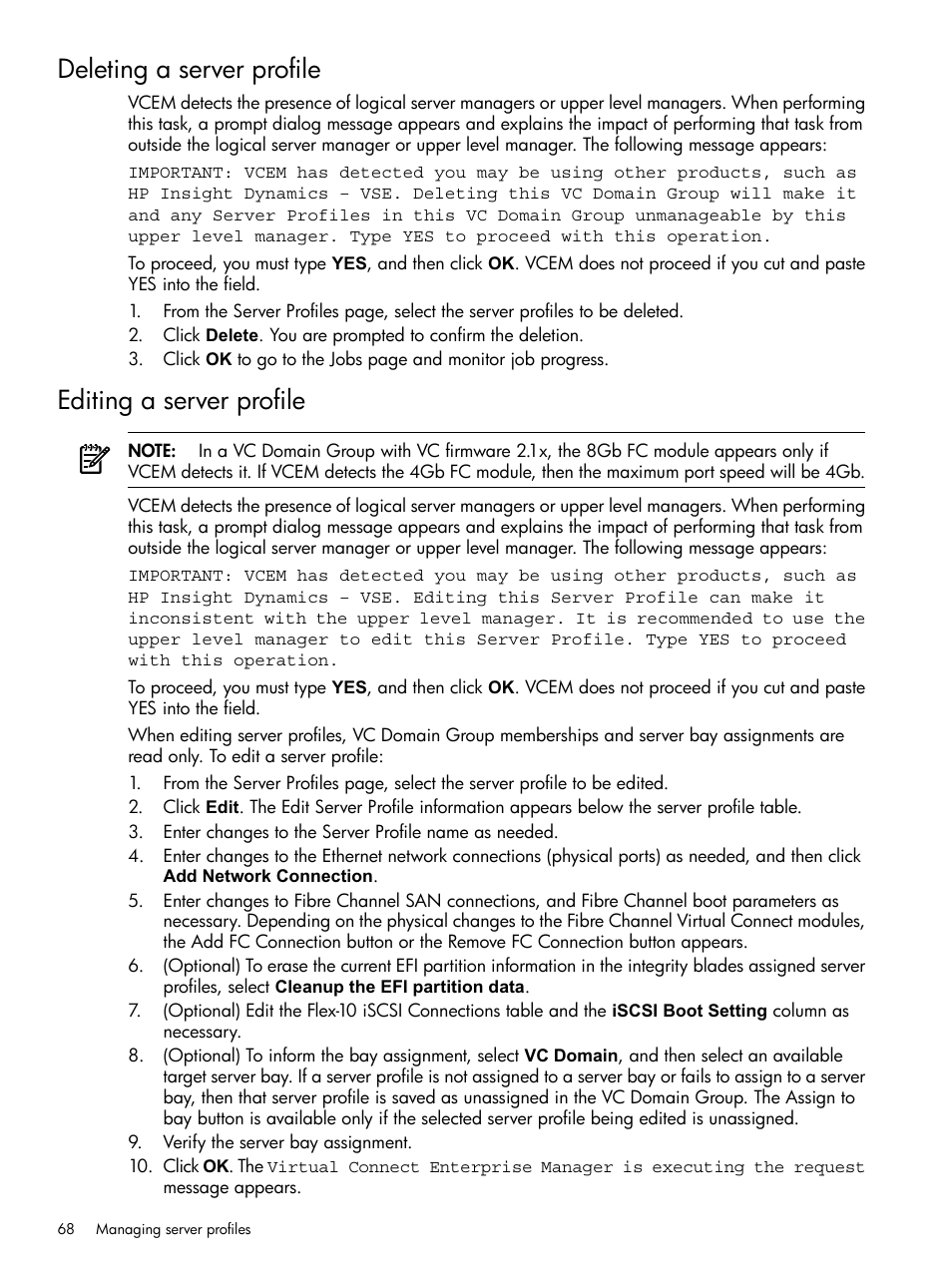 Deleting a server profile, Editing a server profile, Deleting a server profile editing a server profile | HP Insight Management-Software User Manual | Page 68 / 129