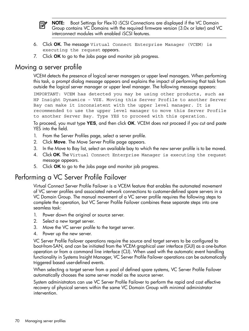 Moving a server profile, Performing a vc server profile failover | HP Insight Management-Software User Manual | Page 70 / 129