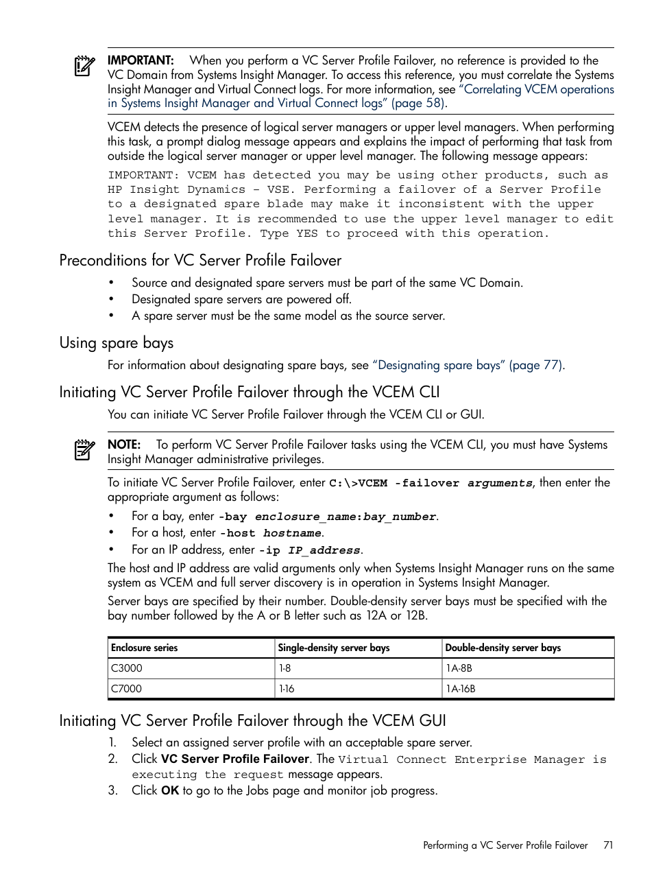 Preconditions for vc server profile failover, Using spare bays | HP Insight Management-Software User Manual | Page 71 / 129