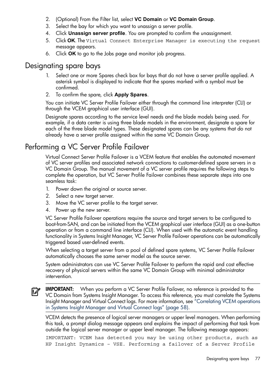 Designating spare bays, Performing a vc server profile failover | HP Insight Management-Software User Manual | Page 77 / 129