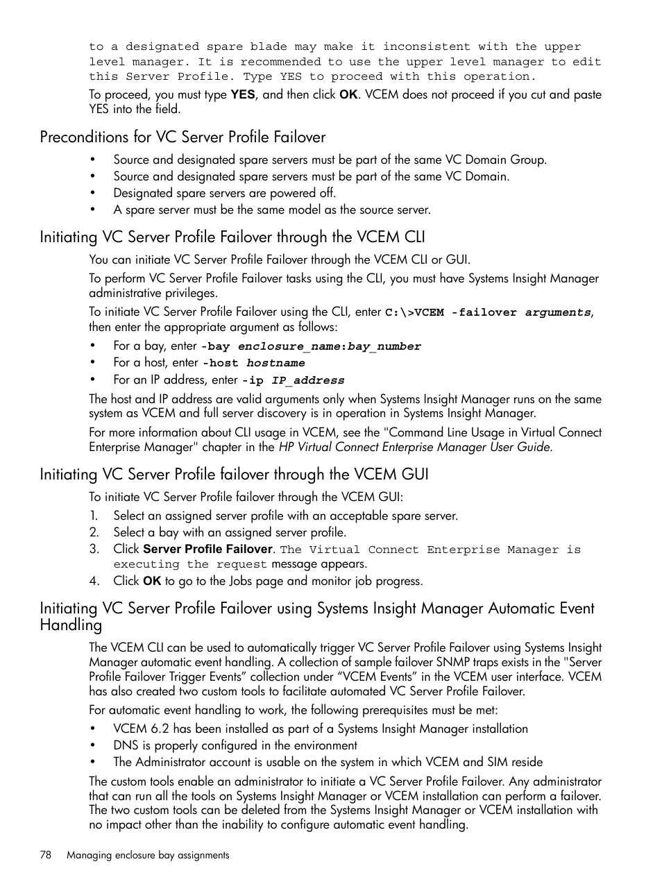 Preconditions for vc server profile failover | HP Insight Management-Software User Manual | Page 78 / 129