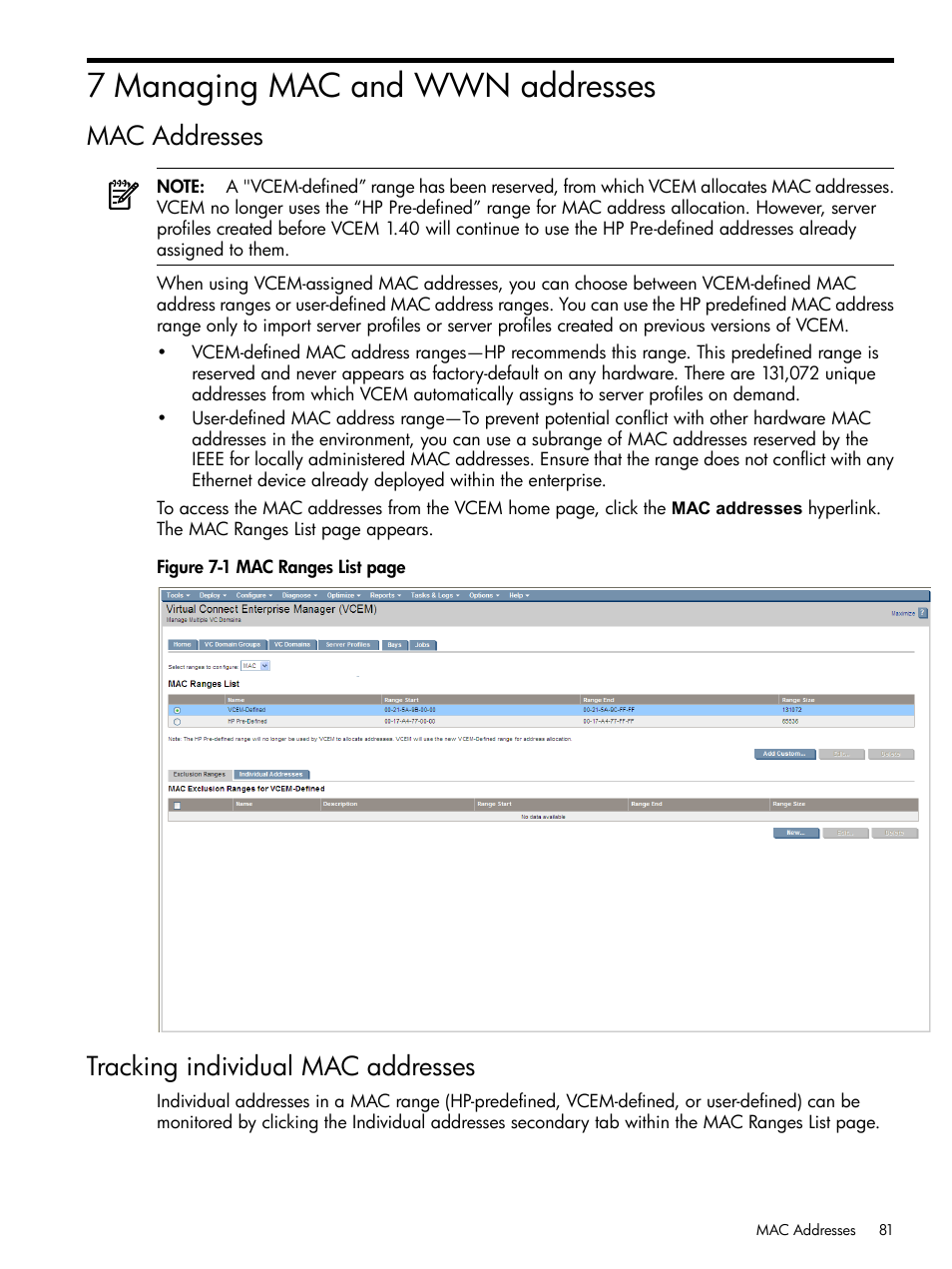 7 managing mac and wwn addresses, Mac addresses, Tracking individual mac addresses | Mac addresses tracking individual mac addresses, Chapter 7 “managing mac and wwn addresses | HP Insight Management-Software User Manual | Page 81 / 129