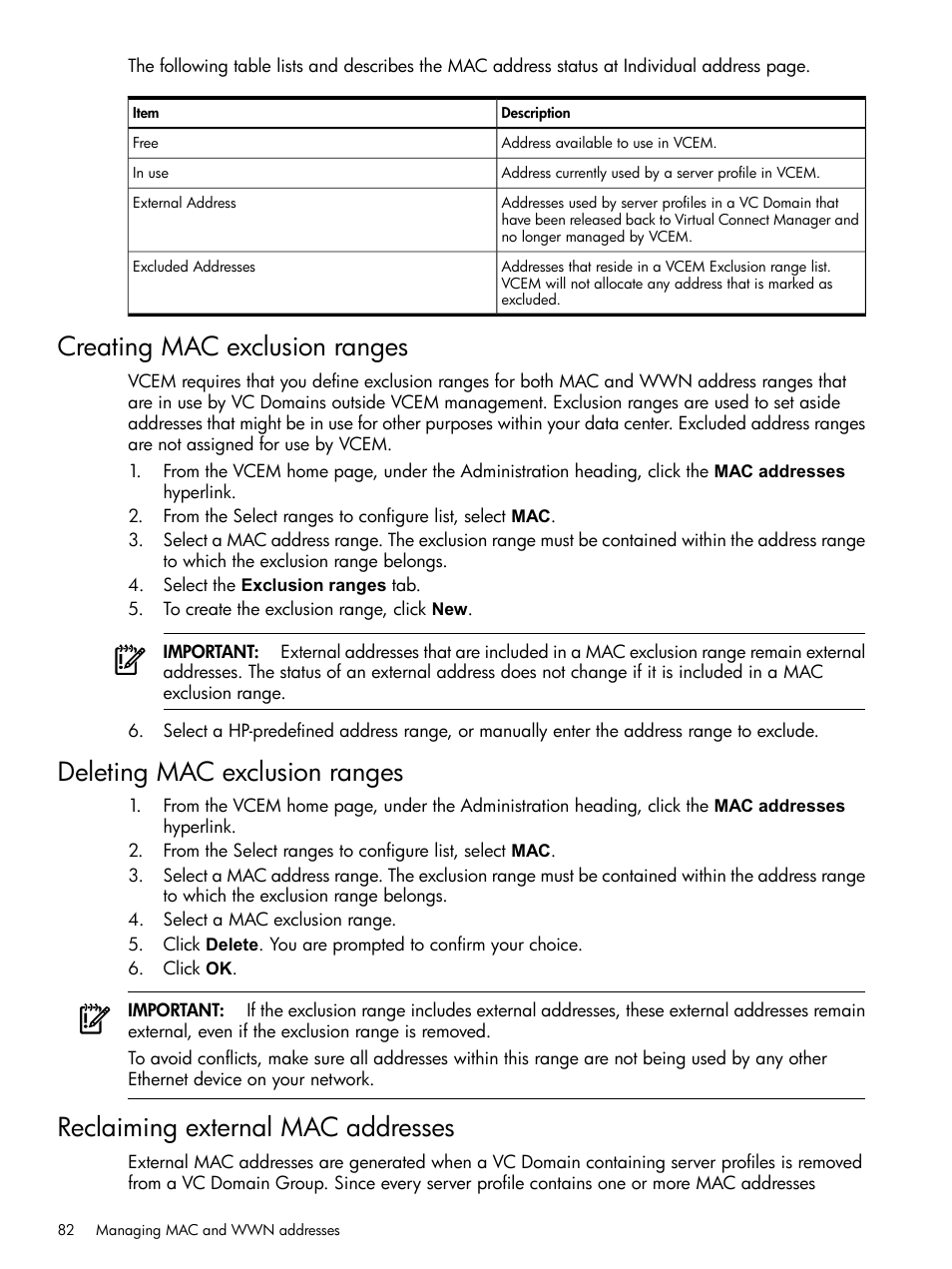 Creating mac exclusion ranges, Deleting mac exclusion ranges, Reclaiming external mac addresses | Creating mac exclusion, Ranges | HP Insight Management-Software User Manual | Page 82 / 129