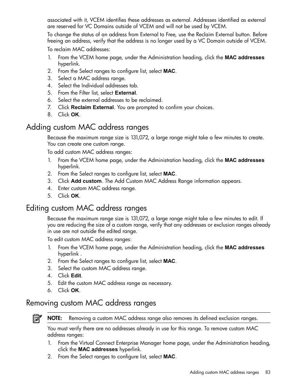 Adding custom mac address ranges, Editing custom mac address ranges, Removing custom mac address ranges | HP Insight Management-Software User Manual | Page 83 / 129