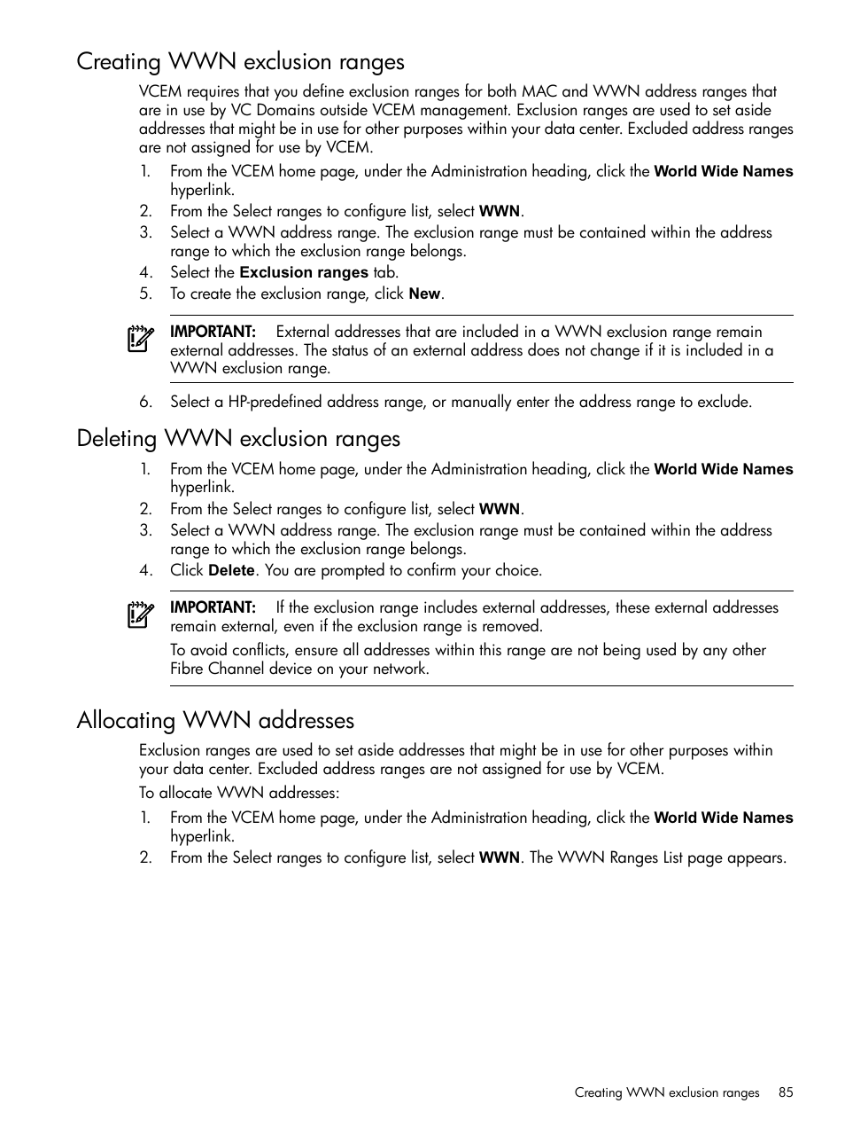 Creating wwn exclusion ranges, Deleting wwn exclusion ranges, Allocating wwn addresses | Creating wwn, Exclusion ranges | HP Insight Management-Software User Manual | Page 85 / 129