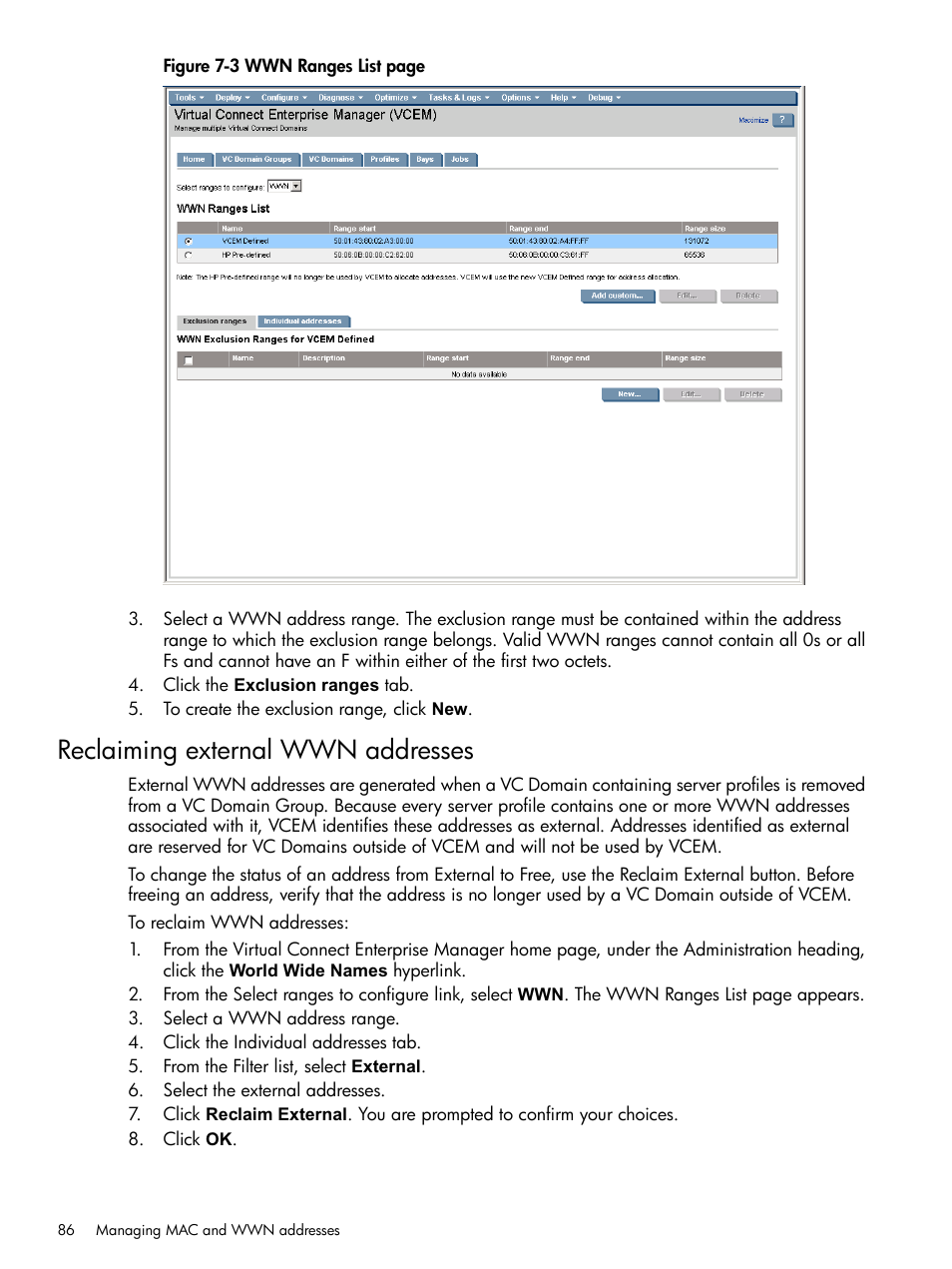 Reclaiming external wwn addresses | HP Insight Management-Software User Manual | Page 86 / 129