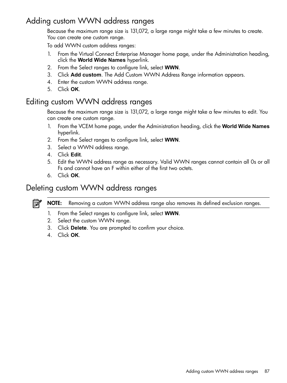 Adding custom wwn address ranges, Editing custom wwn address ranges, Deleting custom wwn address ranges | HP Insight Management-Software User Manual | Page 87 / 129